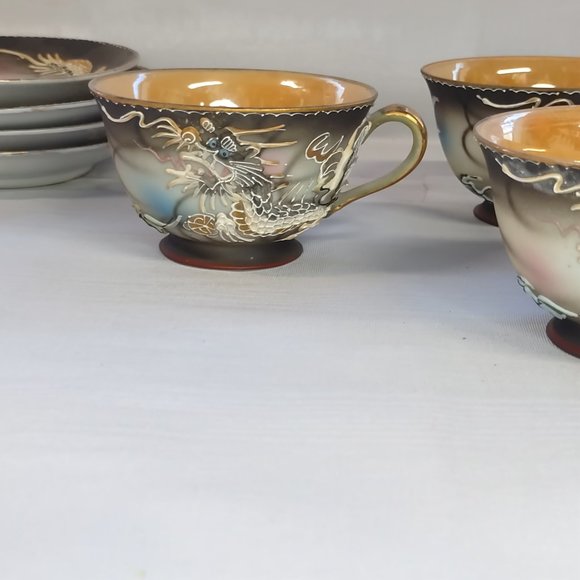Vintage Occupied Japan Dragonware Tea Cups Saucer Set (4) Moriage Orange Luster - Picture 11 of 12